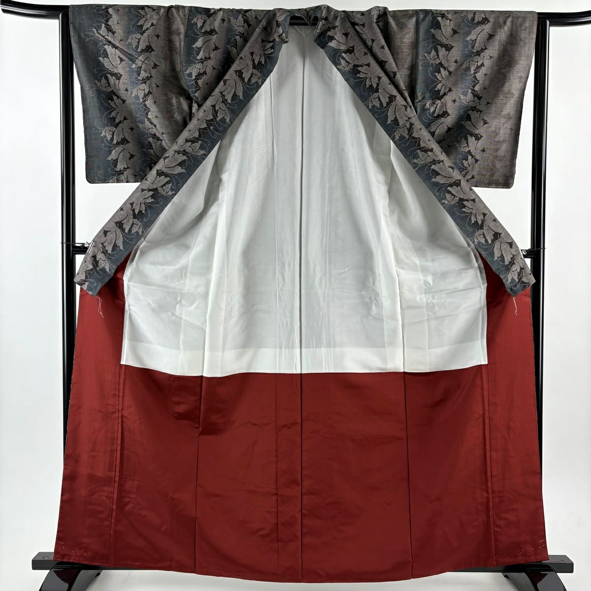 【美品】 紬織 身長163cm 袖長63.5cm S 雙層 葉柄 蝶 焦茶 純蠶絲 秀品級