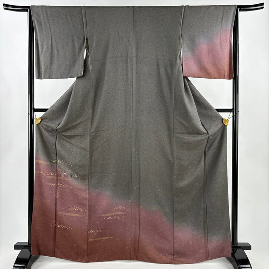 付下 身長168.5cm 袖長64.5cm M 雙層 花唐草紋 金金箔散佈 刺繡 金銀彩 灰 純蠶絲 優品級