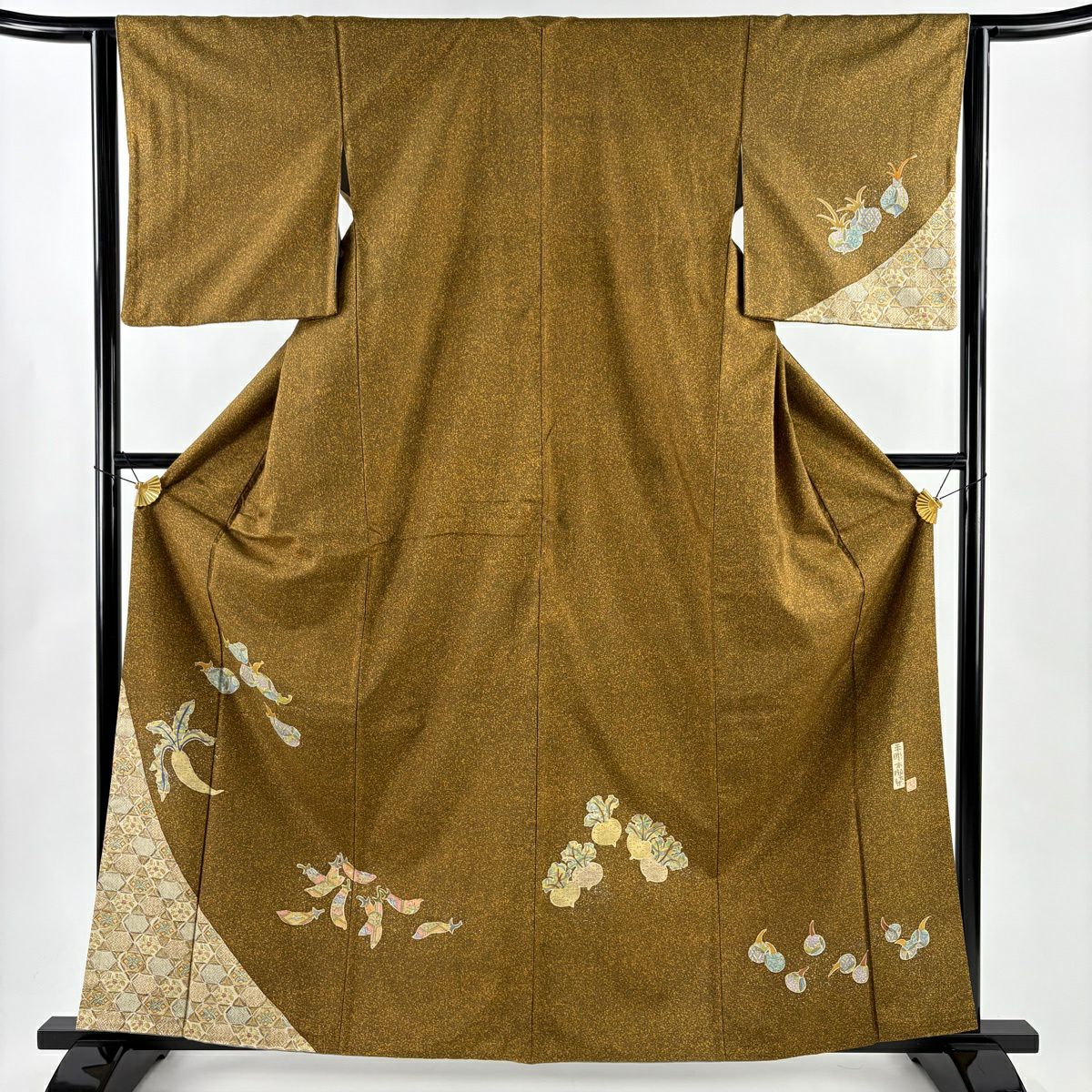 付下 身長162.5cm 袖長63.5cm S 雙層 紬織織 落款あり 野菜 草花紋紋 黃土 金銀彩 純蠶絲 秀品級