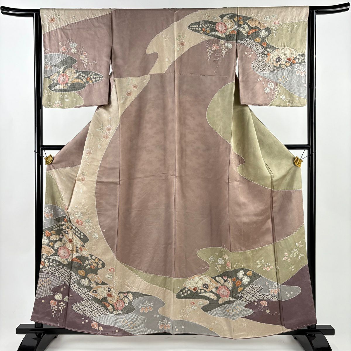 【美品】訪問服 身長159cm 袖長64cm M 雙層 椿 扇子面 金銀彩 絞染 小豆 純蠶絲 秀品級