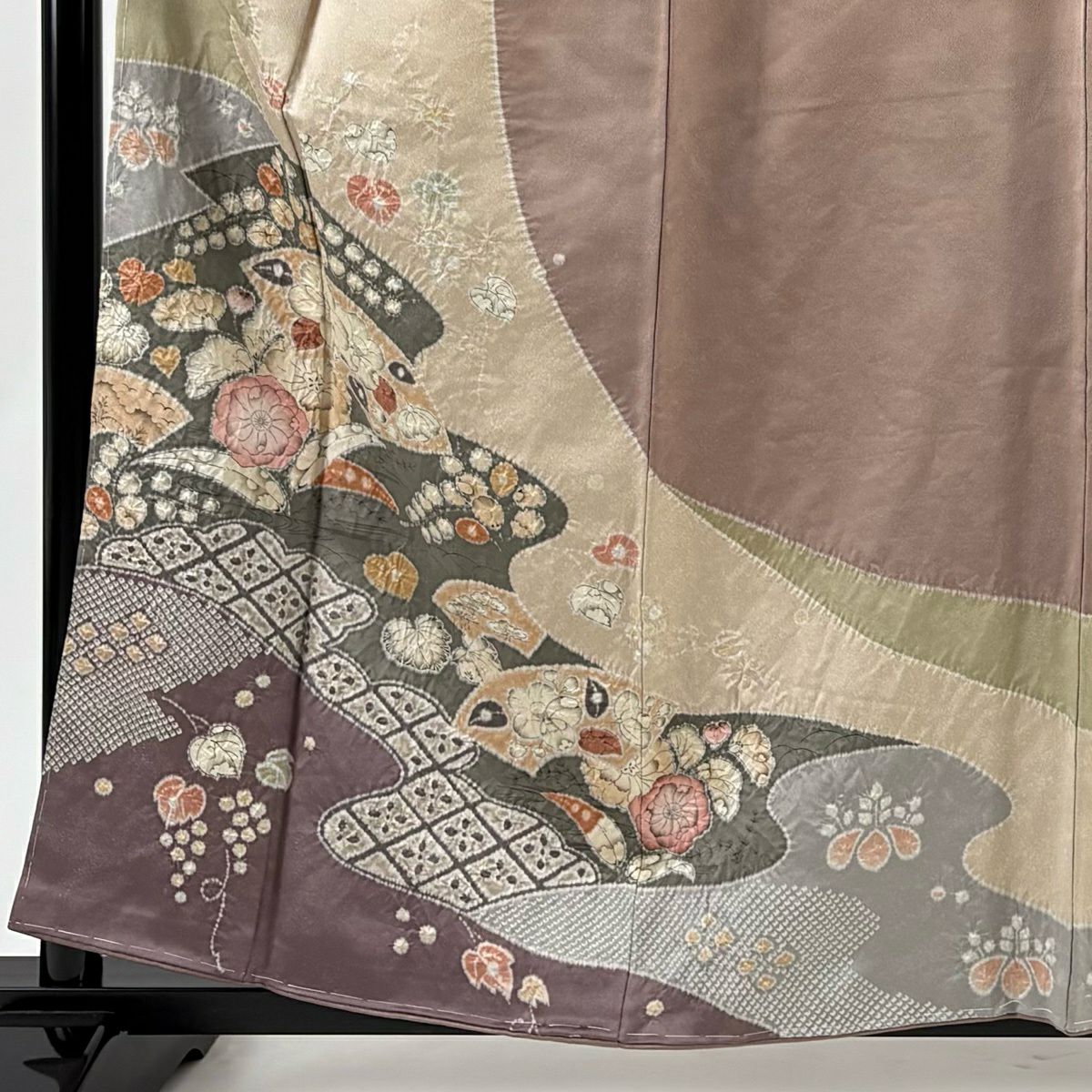【美品】訪問服 身長159cm 袖長64cm M 雙層 椿 扇子面 金銀彩 絞染 小豆 純蠶絲 秀品級