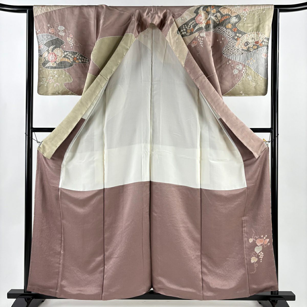 【美品】訪問服 身長159cm 袖長64cm M 雙層 椿 扇子面 金銀彩 絞染 小豆 純蠶絲 秀品級