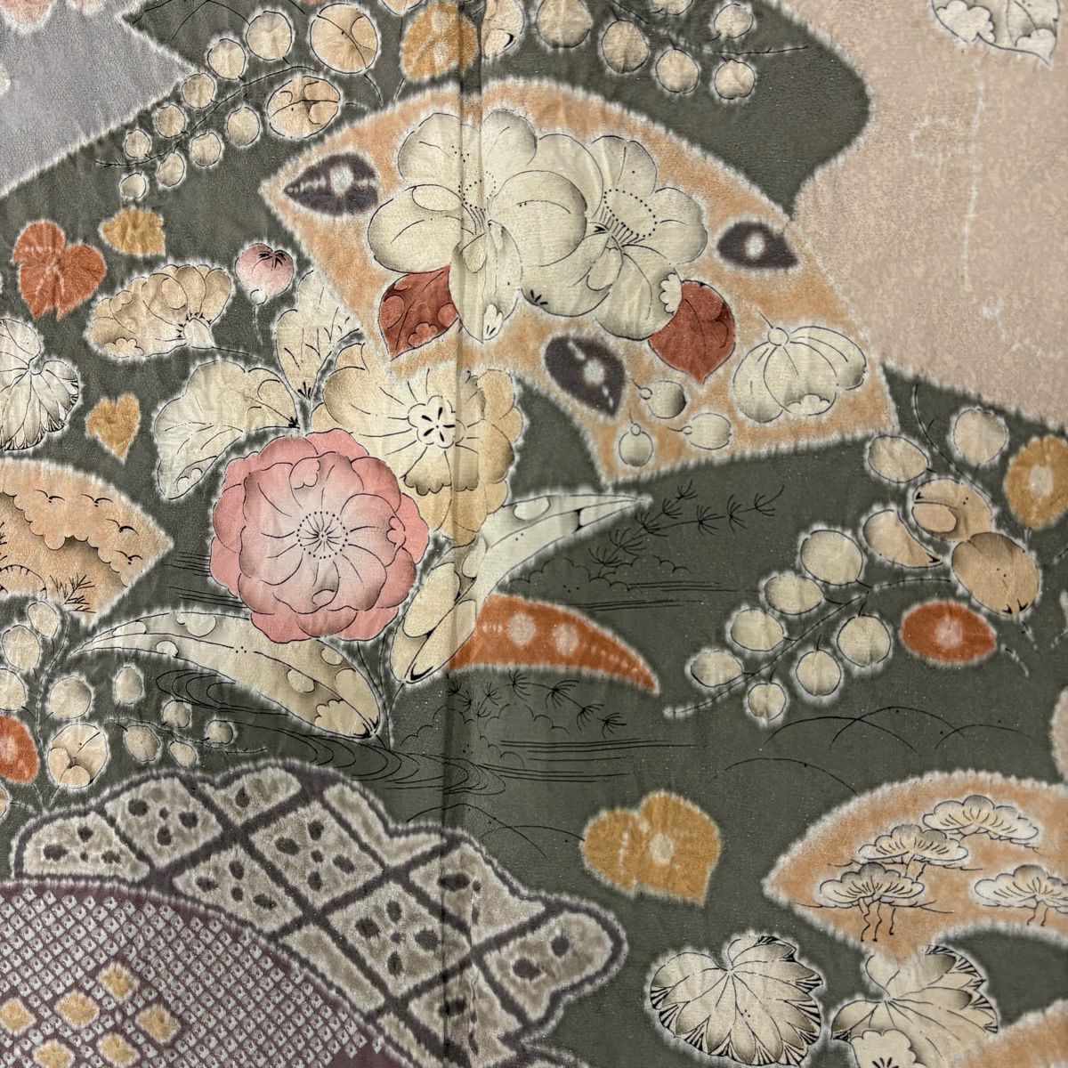 【美品】訪問服 身長159cm 袖長64cm M 雙層 椿 扇子面 金銀彩 絞染 小豆 純蠶絲 秀品級