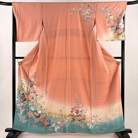 【美品】訪問服 身長161.5cm 袖長68cm L 雙層 草花紋紋 金彩裝飾 漸層 粉紅 純蠶絲 優品級