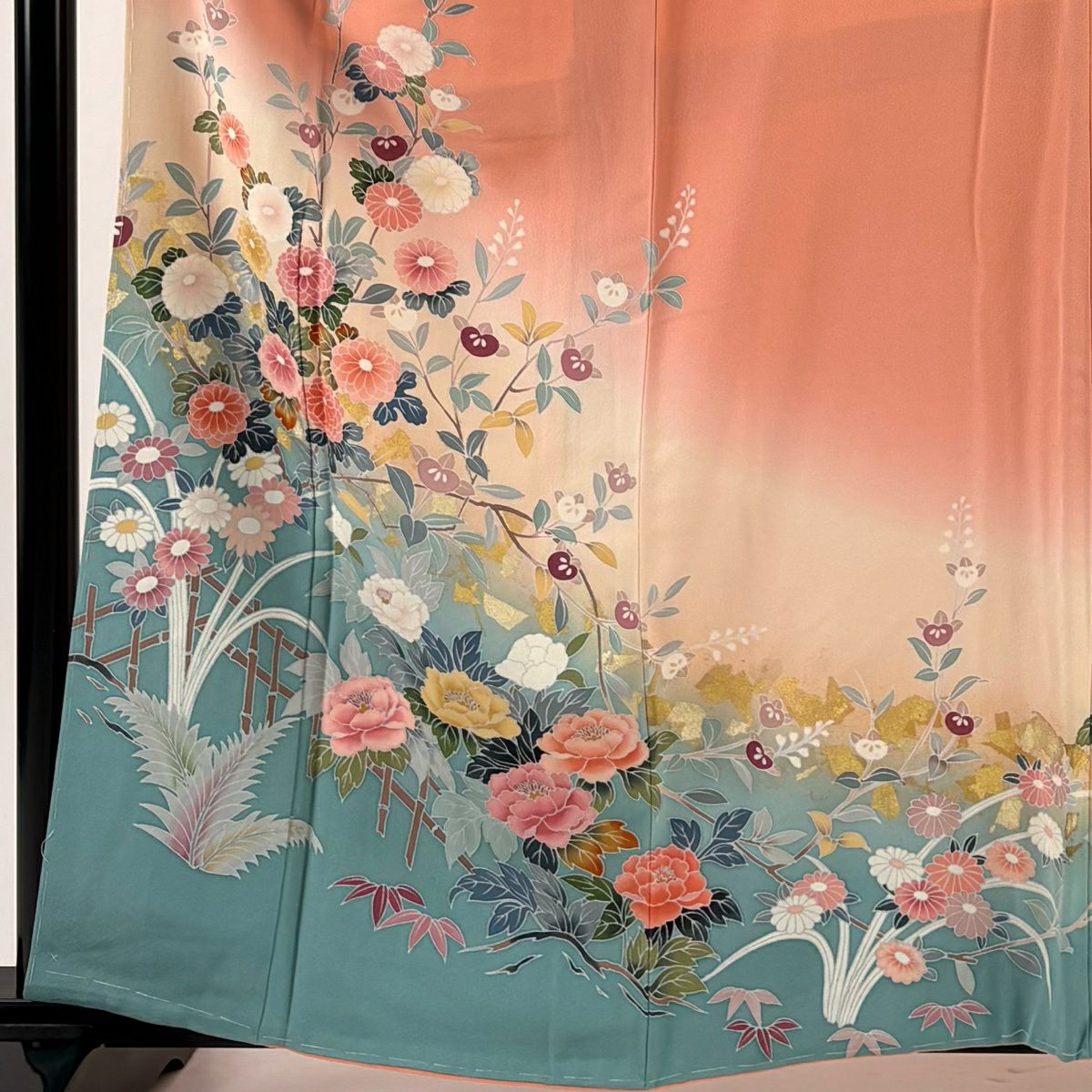 【美品】訪問服 身長161.5cm 袖長68cm L 雙層 草花紋紋 金彩裝飾 漸層 粉紅 純蠶絲 優品級