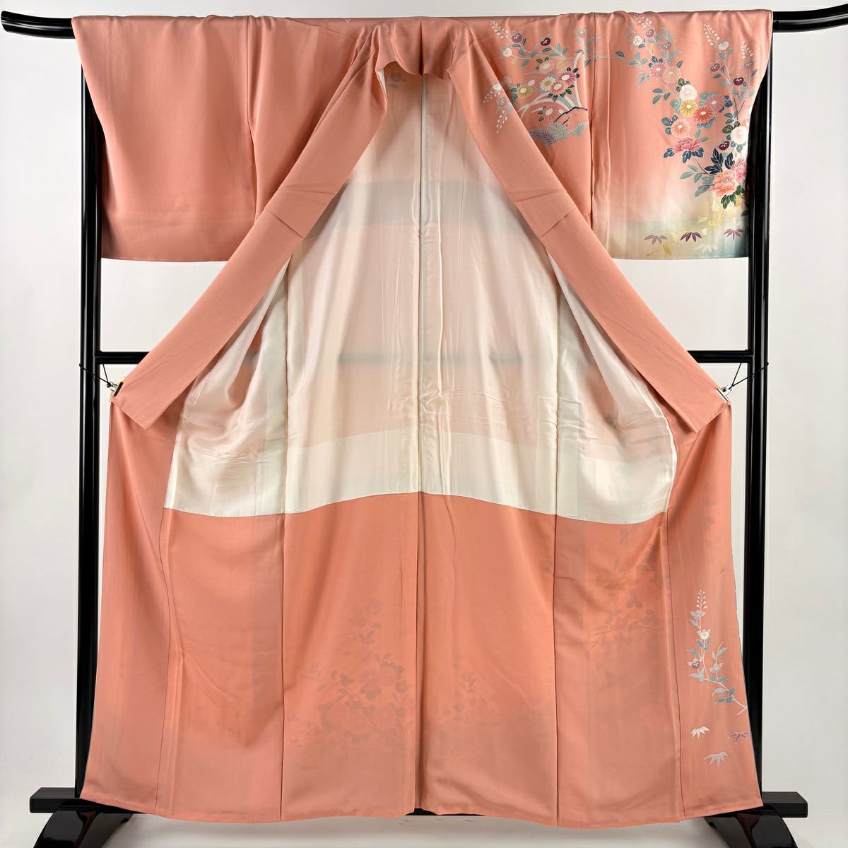 【美品】訪問服 身長161.5cm 袖長68cm L 雙層 草花紋紋 金彩裝飾 漸層 粉紅 純蠶絲 優品級