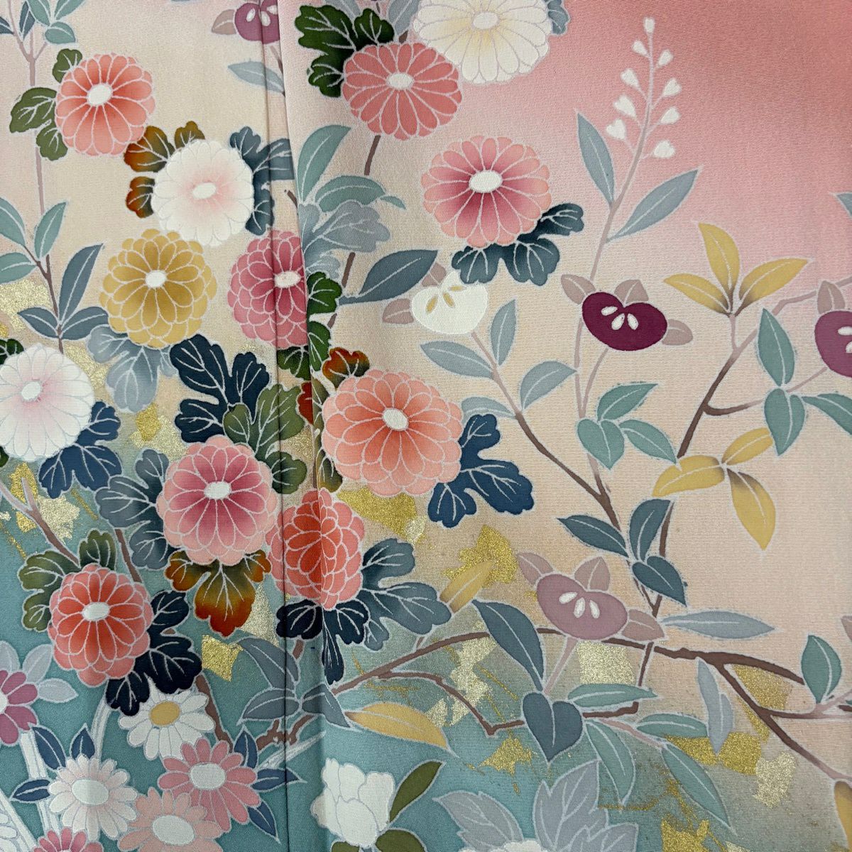 【美品】訪問服 身長161.5cm 袖長68cm L 雙層 草花紋紋 金彩裝飾 漸層 粉紅 純蠶絲 優品級