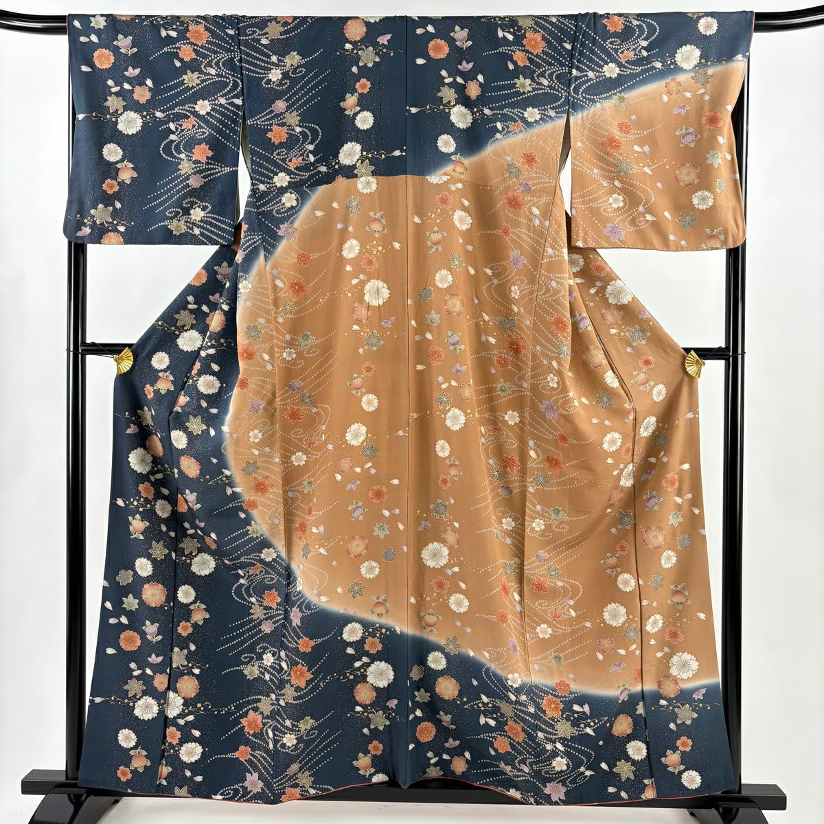 訪問服 身長158cm 袖長67.5cm L 雙層 樱花 紅葉 金彩裝飾 漸變 深藍 純蠶絲 優品級