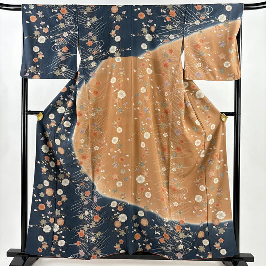 訪問服 身長158cm 袖長67.5cm L 雙層 樱花 紅葉 金彩裝飾 漸變 深藍 純蠶絲 優品級