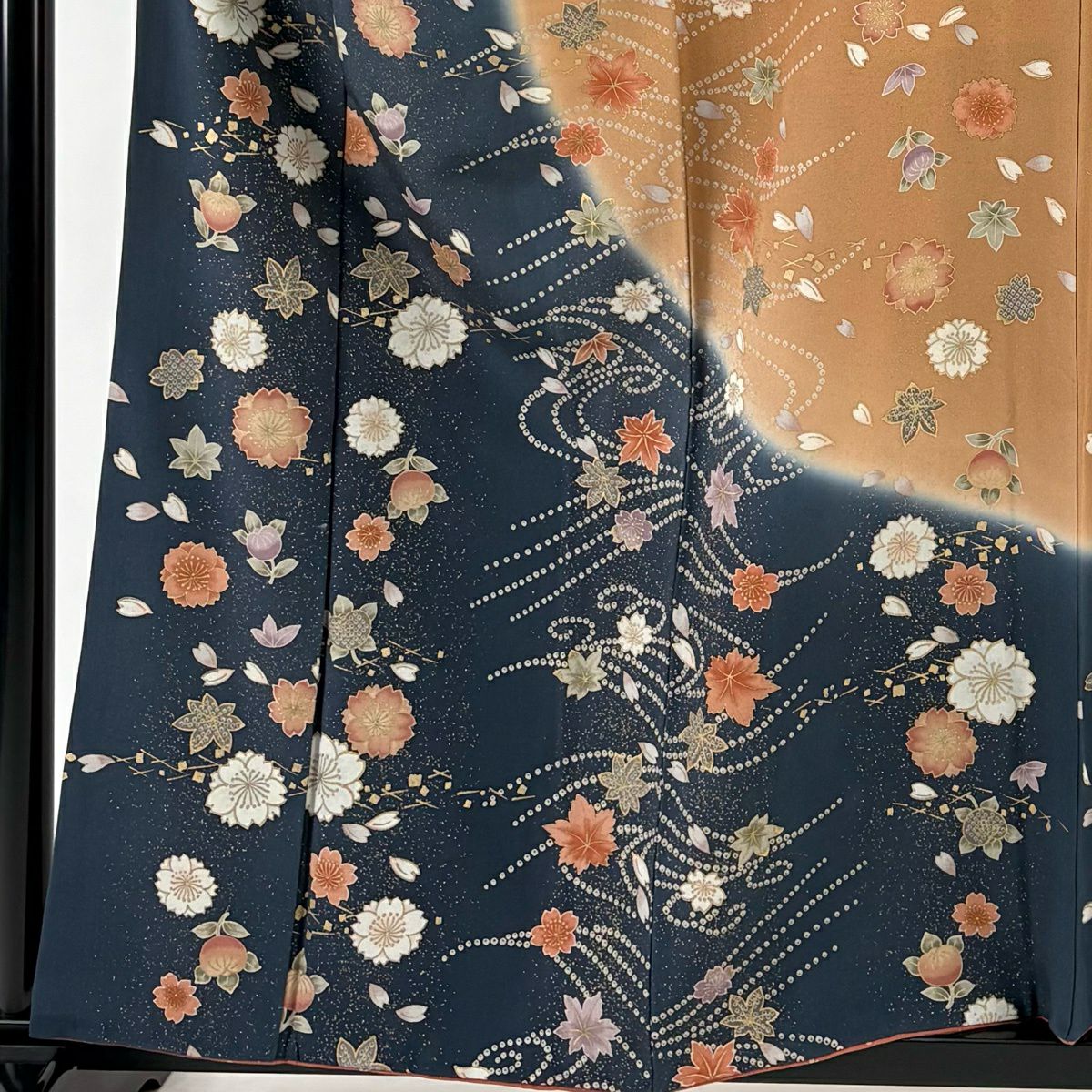 訪問服 身長158cm 袖長67.5cm L 雙層 樱花 紅葉 金彩裝飾 漸變 深藍 純蠶絲 優品級