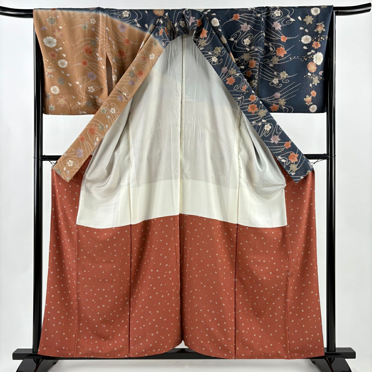 訪問服 身長158cm 袖長67.5cm L 雙層 樱花 紅葉 金彩裝飾 漸變 深藍 純蠶絲 優品級