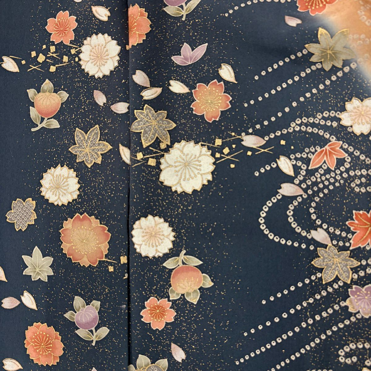 訪問服 身長158cm 袖長67.5cm L 雙層 樱花 紅葉 金彩裝飾 漸變 深藍 純蠶絲 優品級