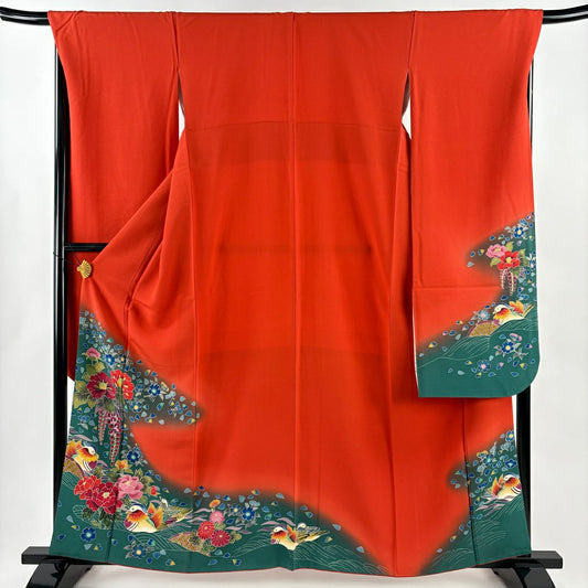 【美品】振袖禮服 身長161.5cm 袖長69cm L 雙層 落款 鴛鴦 草花紋紋 染分 ぼかし 紅 純蠶絲 秀品級