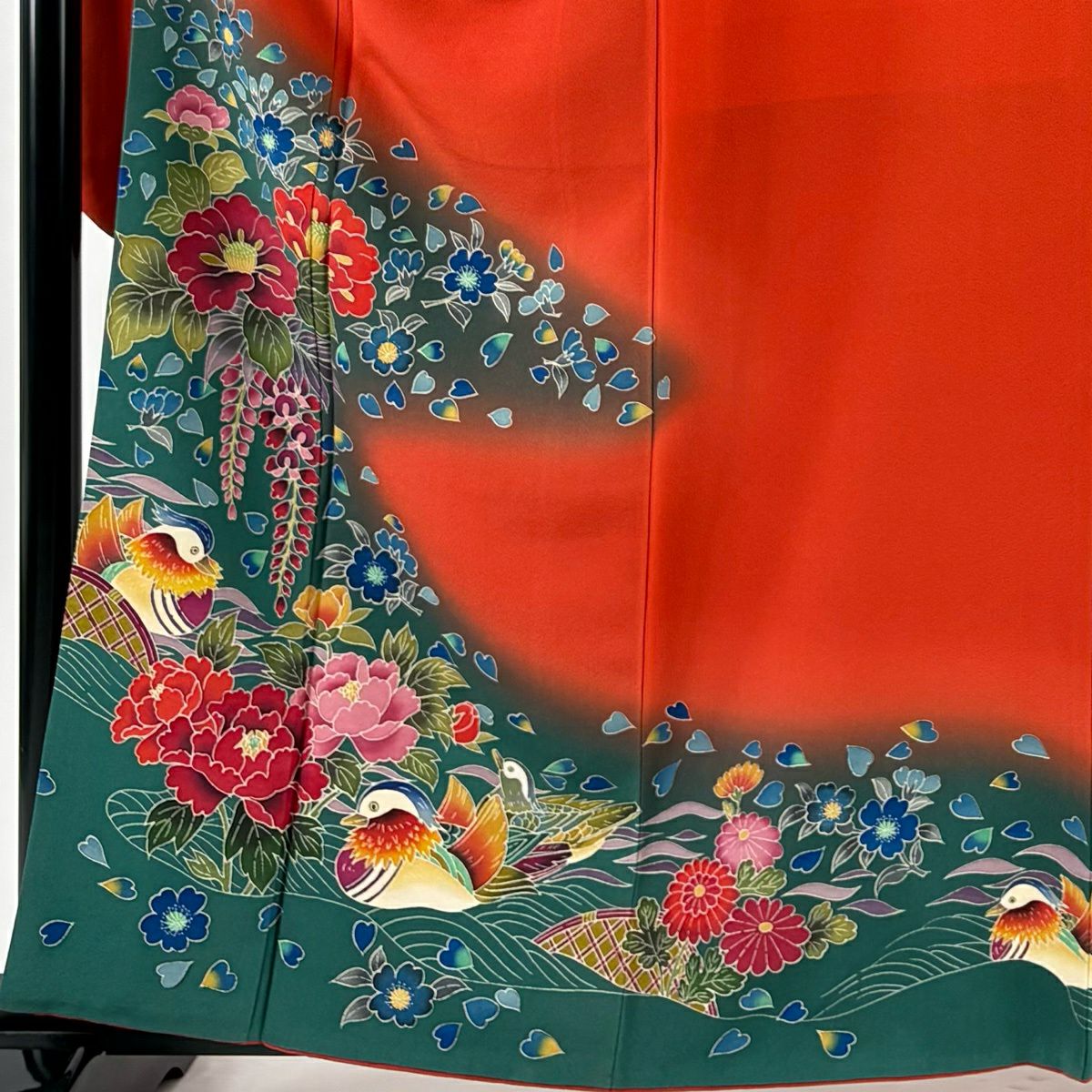 【美品】振袖禮服 身長161.5cm 袖長69cm L 雙層 落款 鴛鴦 草花紋紋 染分 ぼかし 紅 純蠶絲 秀品級