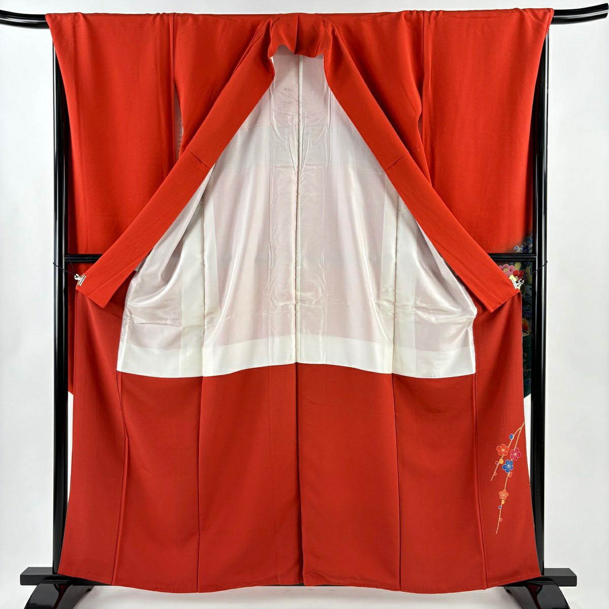 【美品】振袖禮服 身長161.5cm 袖長69cm L 雙層 落款 鴛鴦 草花紋紋 染分 ぼかし 紅 純蠶絲 秀品級
