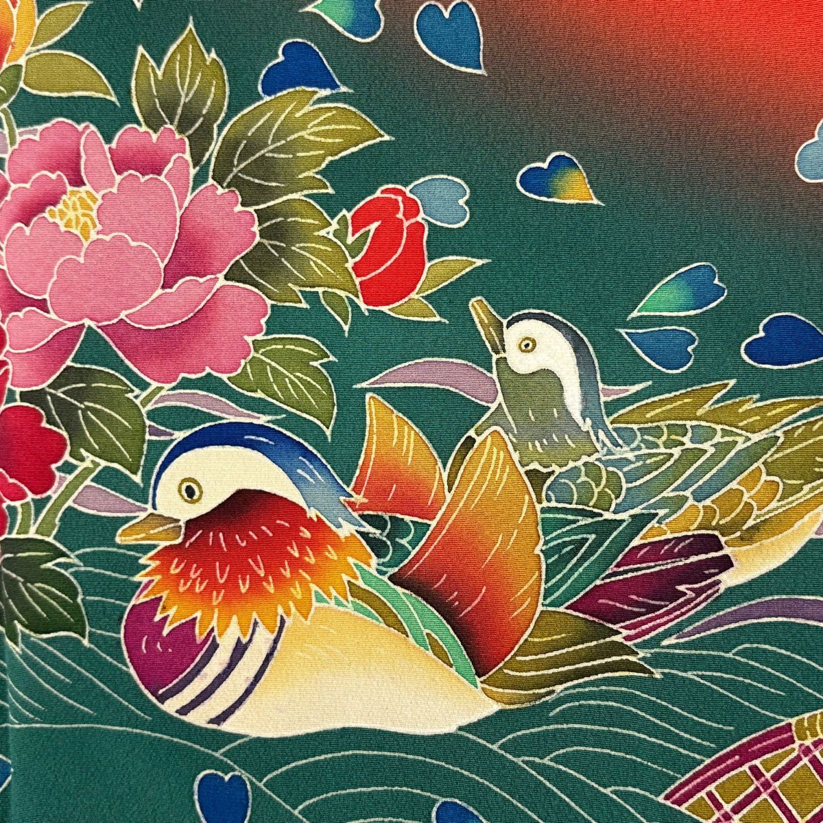 【美品】振袖禮服 身長161.5cm 袖長69cm L 雙層 落款 鴛鴦 草花紋紋 染分 ぼかし 紅 純蠶絲 秀品級