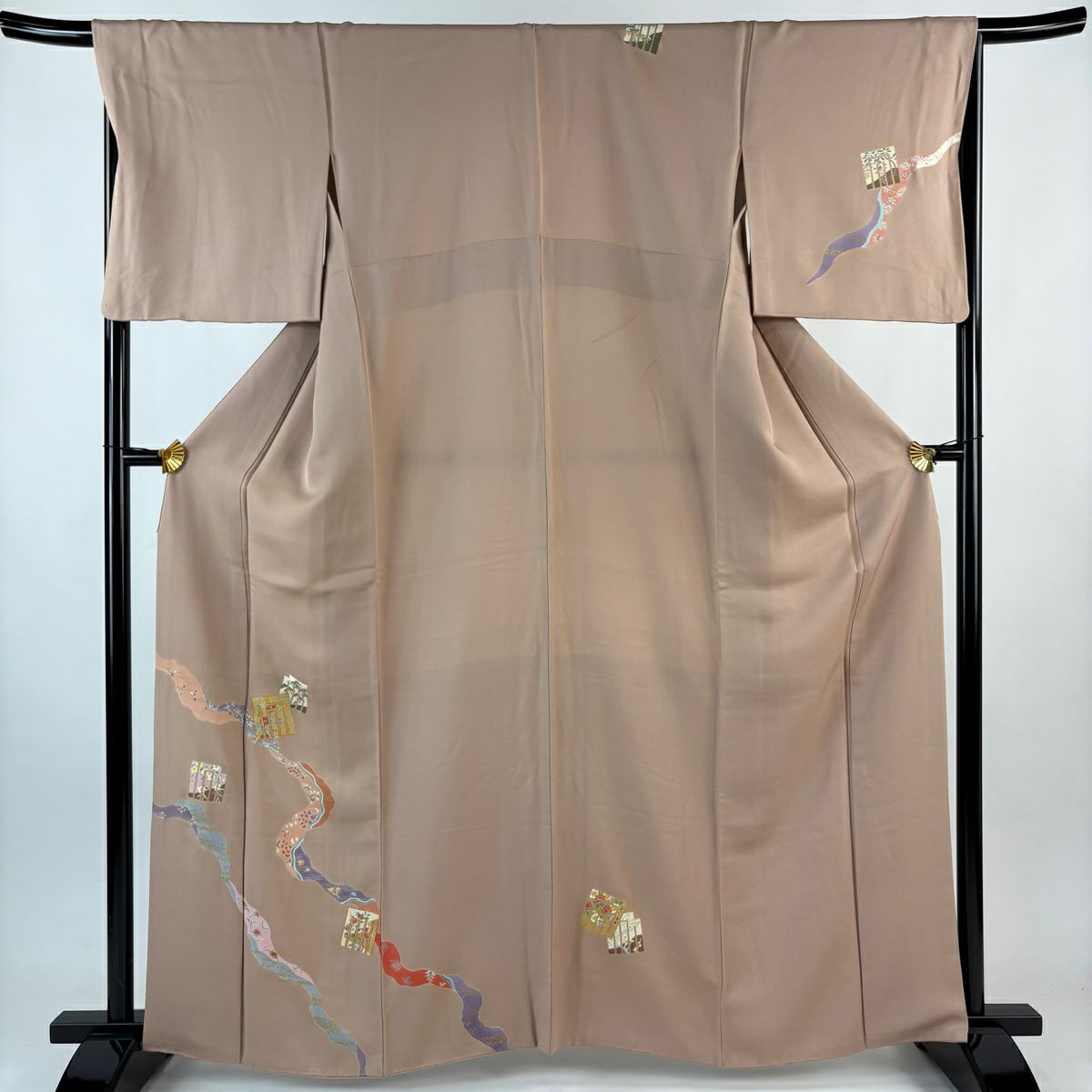 【美品】 付下 身長163cm 袖長67.5cm L 雙層 源氏香 道長取 金絲 金銀彩 粉米色 純蠶絲 優品級