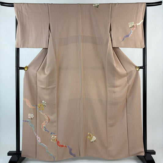 【美品】 付下 身長163cm 袖長67.5cm L 雙層 源氏香 道長取 金絲 金銀彩 粉米色 純蠶絲 優品級