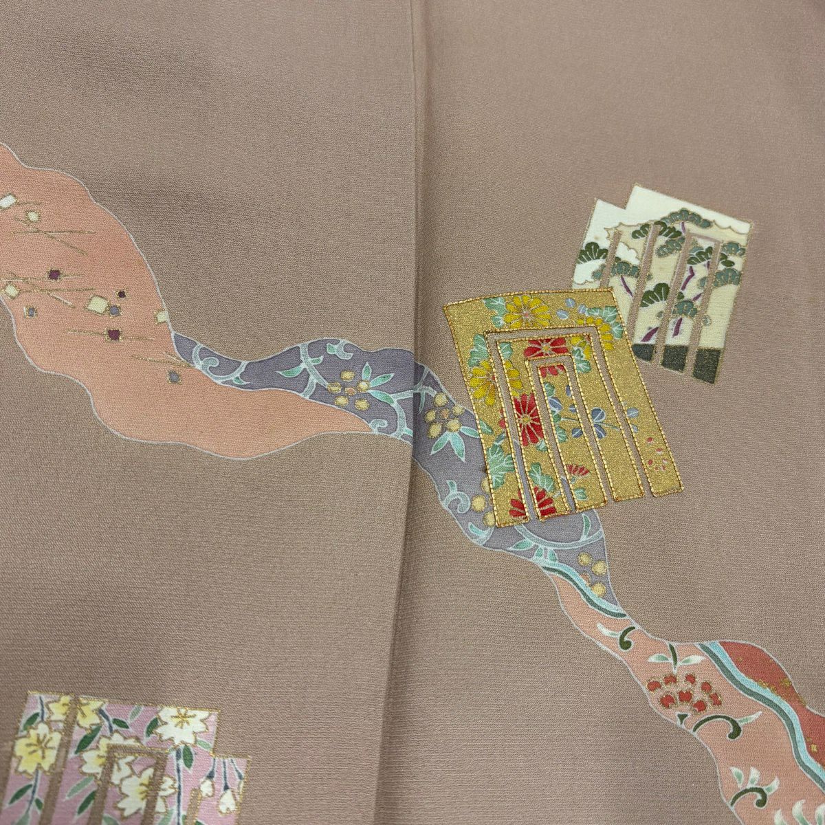 【美品】 付下 身長163cm 袖長67.5cm L 雙層 源氏香 道長取 金絲 金銀彩 粉米色 純蠶絲 優品級