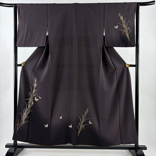 【美品】 付下 身長154.5cm 袖長63.5cm S 雙層 蝶 麥 金銀彩 裾暈染 茶紫 純蠶絲 秀品級