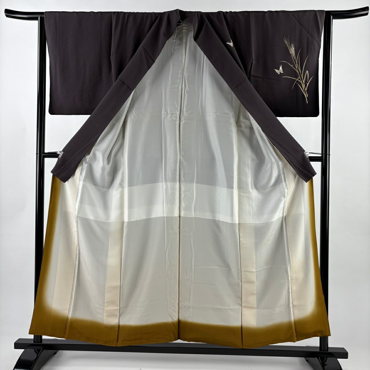 【美品】 付下 身長154.5cm 袖長63.5cm S 雙層 蝶 麥 金銀彩 裾暈染 茶紫 純蠶絲 秀品級