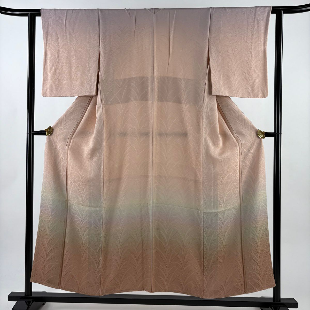 【美品】 付下 身長153.5cm 袖長60.5cm S 雙層 地紋 漸層 鮭粉色 純蠶絲 優品級
