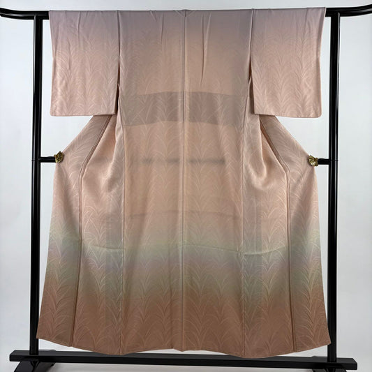 【美品】 付下 身長153.5cm 袖長60.5cm S 雙層 地紋 漸層 鮭粉色 純蠶絲 優品級