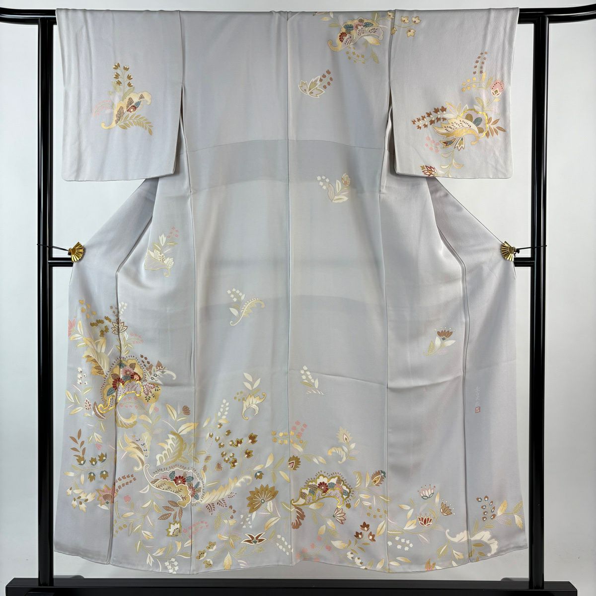 訪問服 身長151cm 袖長61.5cm S 雙層 落款 草花紋紋 金絲 金銀彩 灰紫 純蠶絲 秀品級