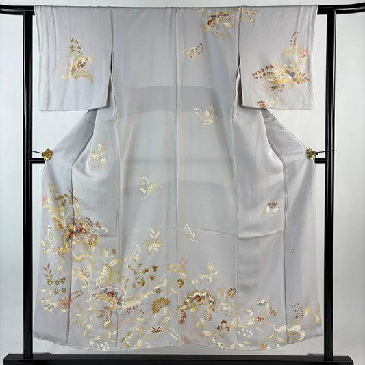 訪問服 身長151cm 袖長61.5cm S 雙層 落款 草花紋紋 金絲 金銀彩 灰紫 純蠶絲 秀品級