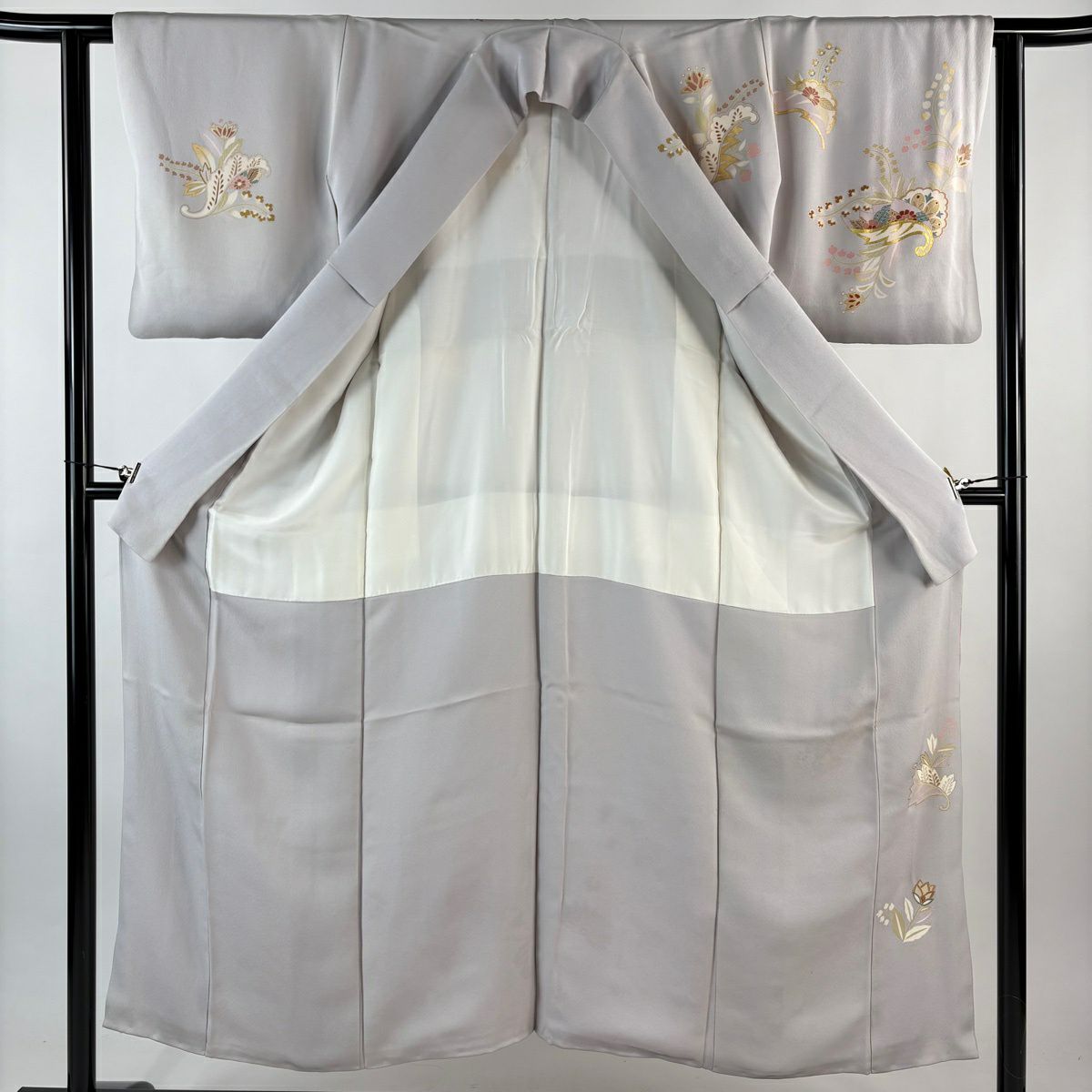 訪問服 身長151cm 袖長61.5cm S 雙層 落款 草花紋紋 金絲 金銀彩 灰紫 純蠶絲 秀品級