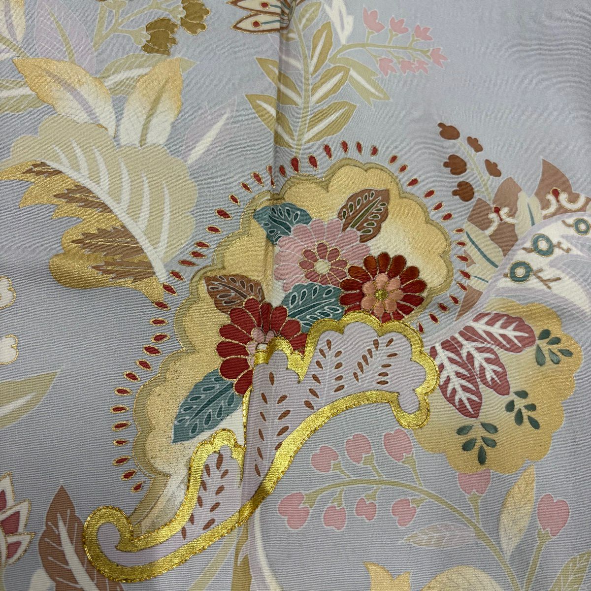 訪問服 身長151cm 袖長61.5cm S 雙層 落款 草花紋紋 金絲 金銀彩 灰紫 純蠶絲 秀品級
