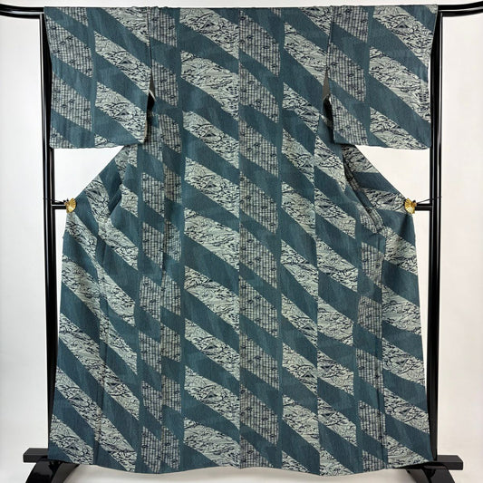 【美品】 小紋 身長161.5cm 袖長64cm M 雙層 家屋 草花紋 綠茶 純蠶絲 秀品級
