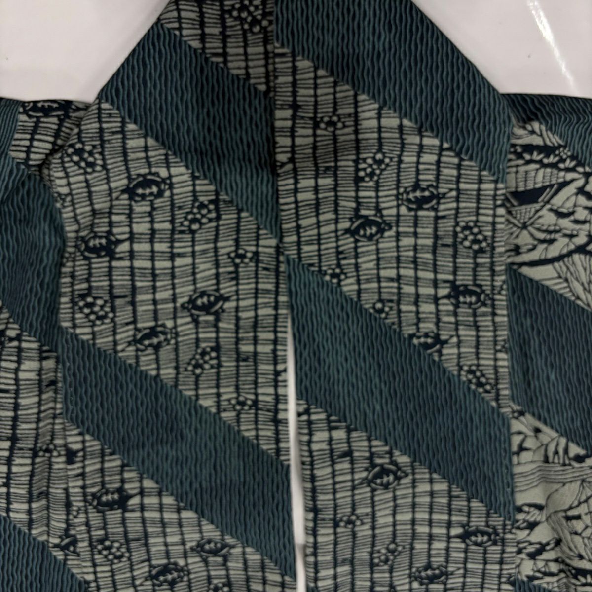【美品】 小紋 身長161.5cm 袖長64cm M 雙層 家屋 草花紋 綠茶 純蠶絲 秀品級