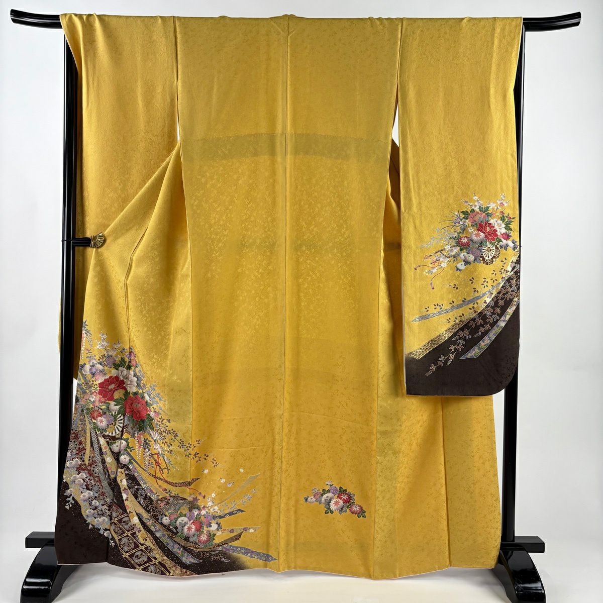 【美品】振袖禮服 身長166cm 袖長68cm L 雙層 花車 金銀彩 黃色 純蠶絲 秀品級