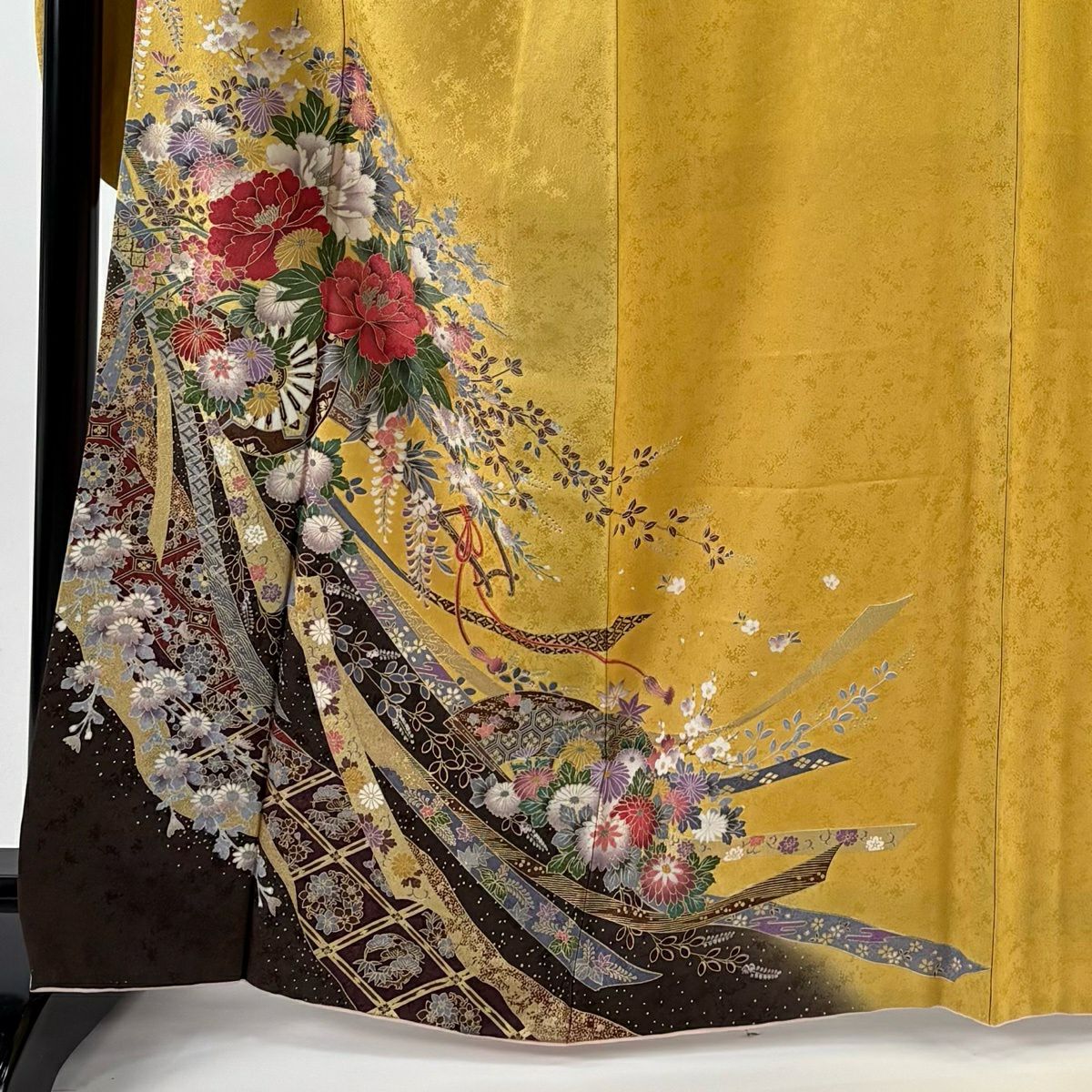 【美品】振袖禮服 身長166cm 袖長68cm L 雙層 花車 金銀彩 黃色 純蠶絲 秀品級