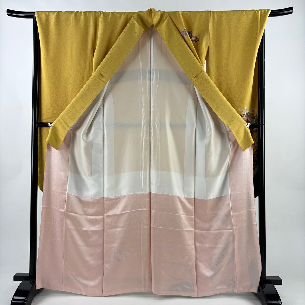 【美品】振袖禮服 身長166cm 袖長68cm L 雙層 花車 金銀彩 黃色 純蠶絲 秀品級