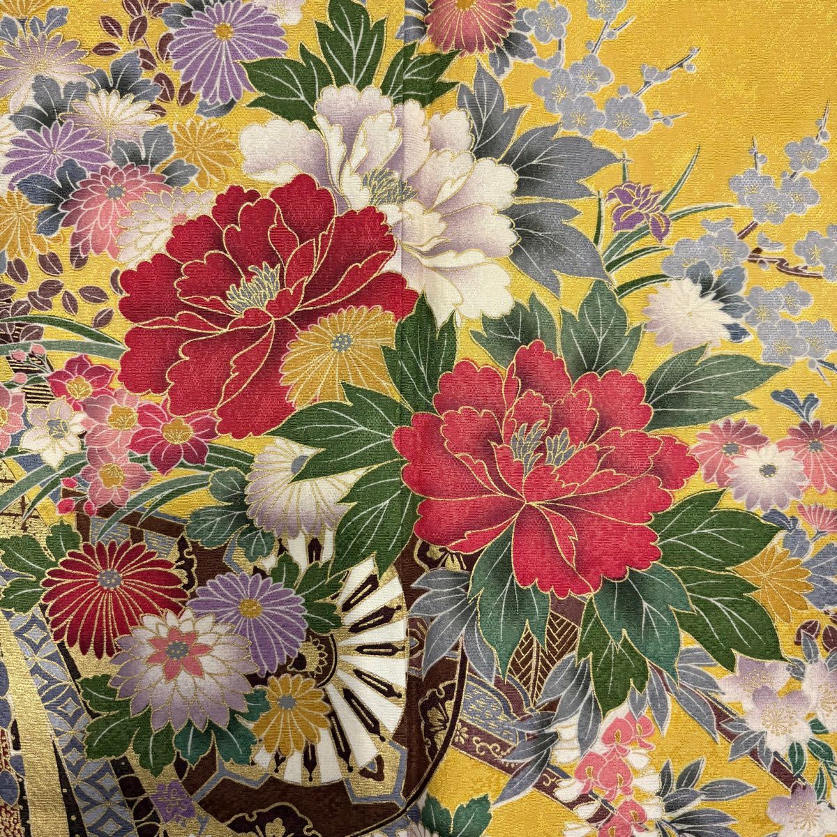 【美品】振袖禮服 身長166cm 袖長68cm L 雙層 花車 金銀彩 黃色 純蠶絲 秀品級