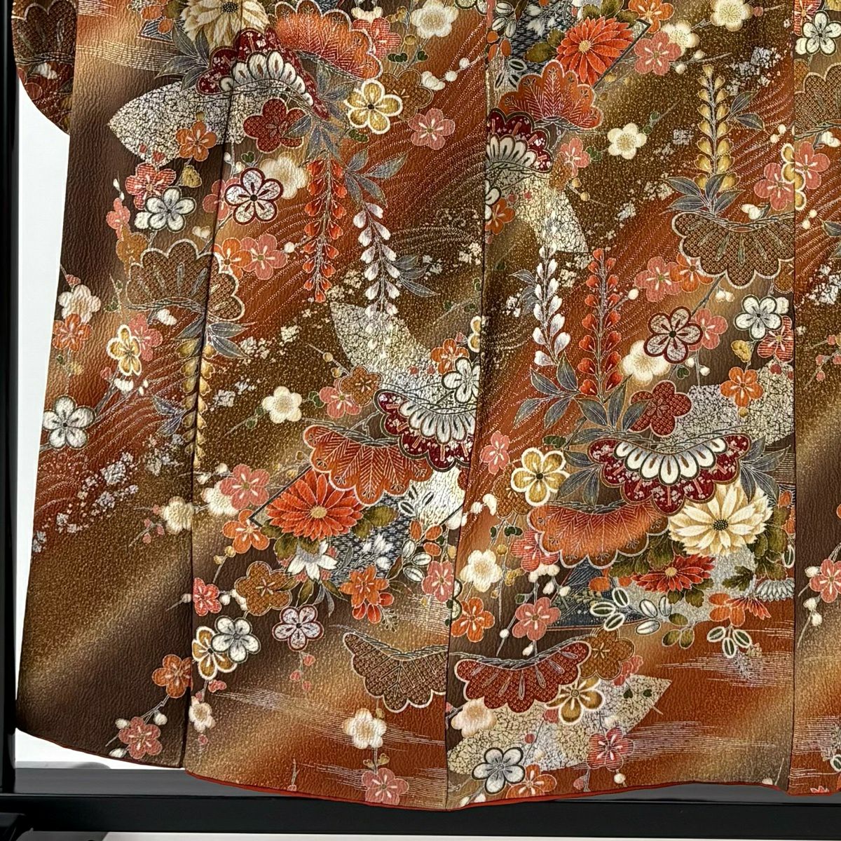 振袖禮服 身長157cm 袖長63cm S 雙層 松樹梅花 波 金銀彩 染分 紅茶 純蠶絲 秀品級