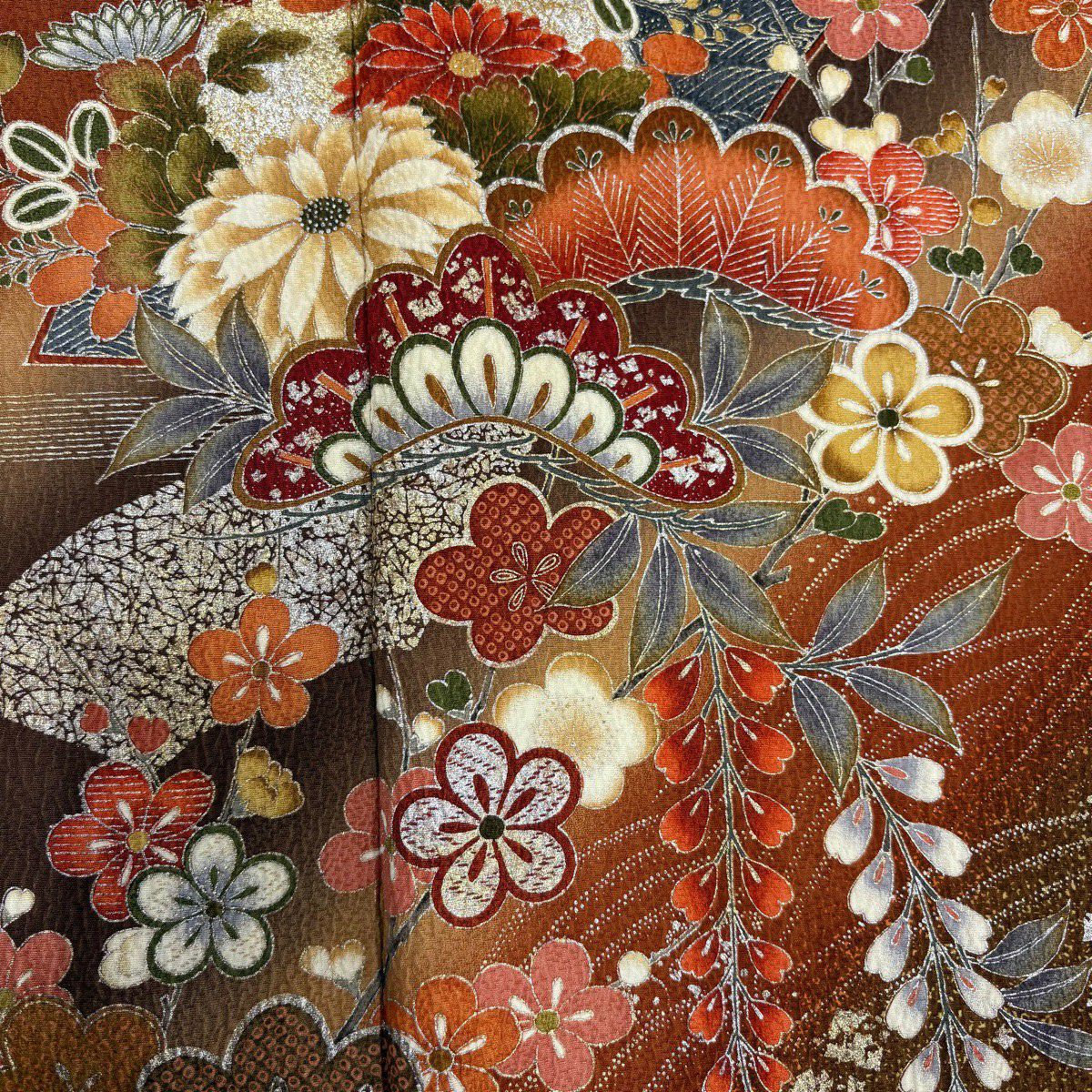 振袖禮服 身長157cm 袖長63cm S 雙層 松樹梅花 波 金銀彩 染分 紅茶 純蠶絲 秀品級