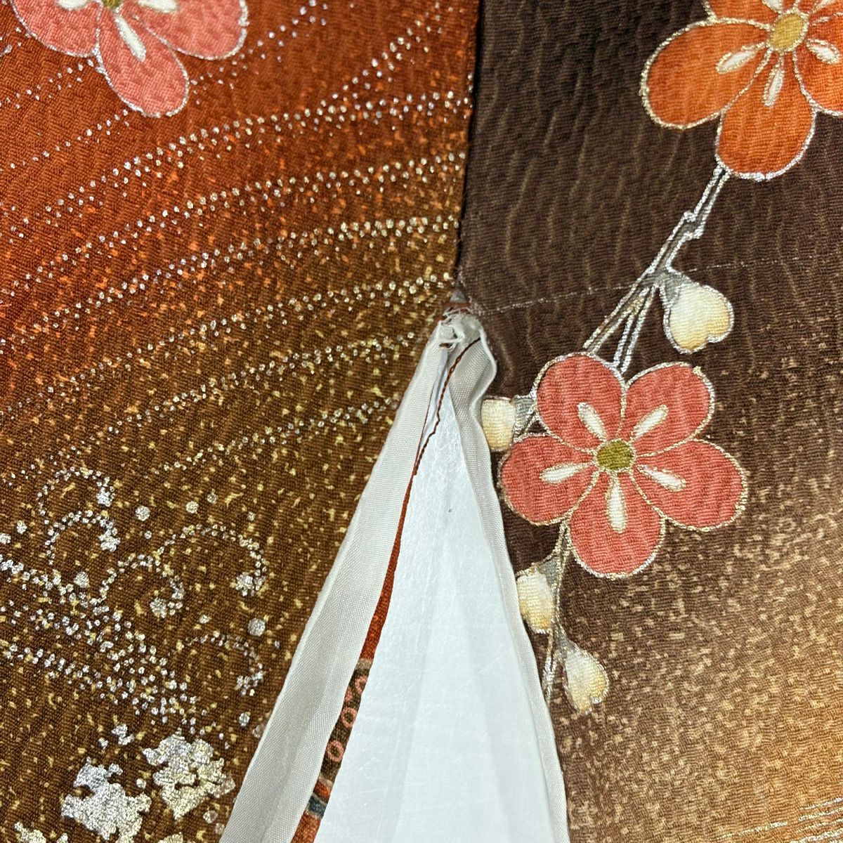 振袖禮服 身長157cm 袖長63cm S 雙層 松樹梅花 波 金銀彩 染分 紅茶 純蠶絲 秀品級