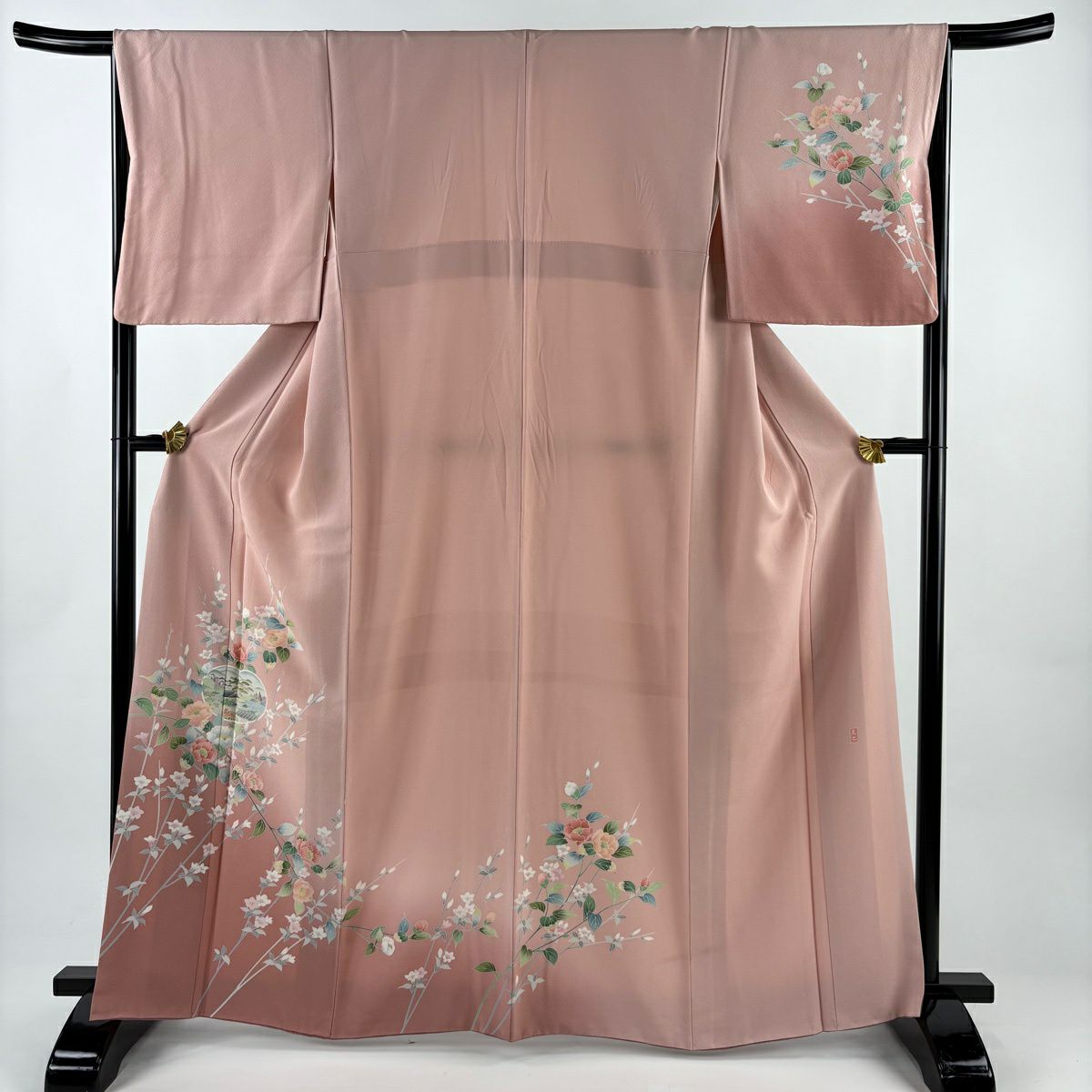 【美品】訪問服 身長164.5cm 袖長66cm M 雙層 落款あり 團扇子 草花紋紋 漸層 粉紅 純蠶絲 秀品級