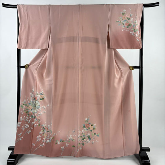 【美品】訪問服 身長164.5cm 袖長66cm M 雙層 落款あり 團扇子 草花紋紋 漸層 粉紅 純蠶絲 秀品級