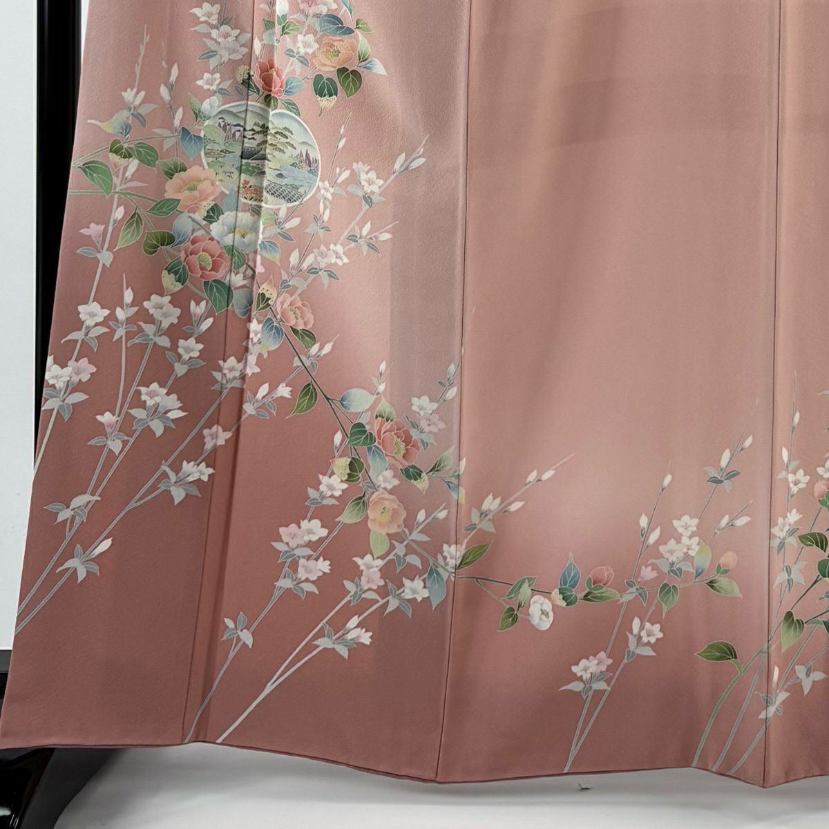 【美品】訪問服 身長164.5cm 袖長66cm M 雙層 落款あり 團扇子 草花紋紋 漸層 粉紅 純蠶絲 秀品級