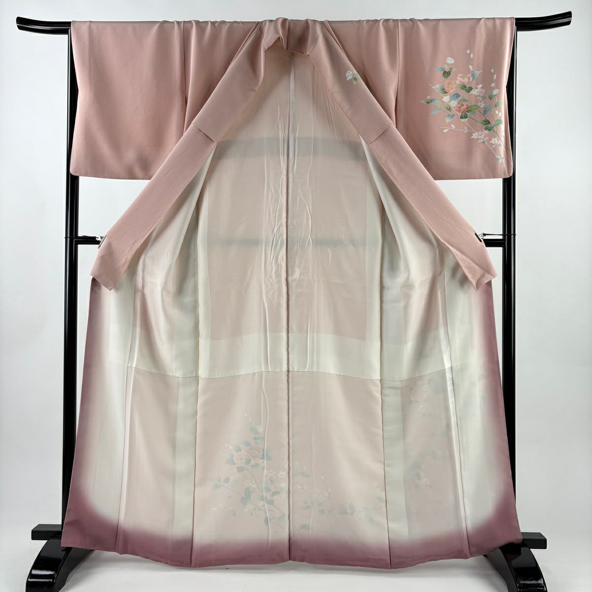 【美品】訪問服 身長164.5cm 袖長66cm M 雙層 落款あり 團扇子 草花紋紋 漸層 粉紅 純蠶絲 秀品級