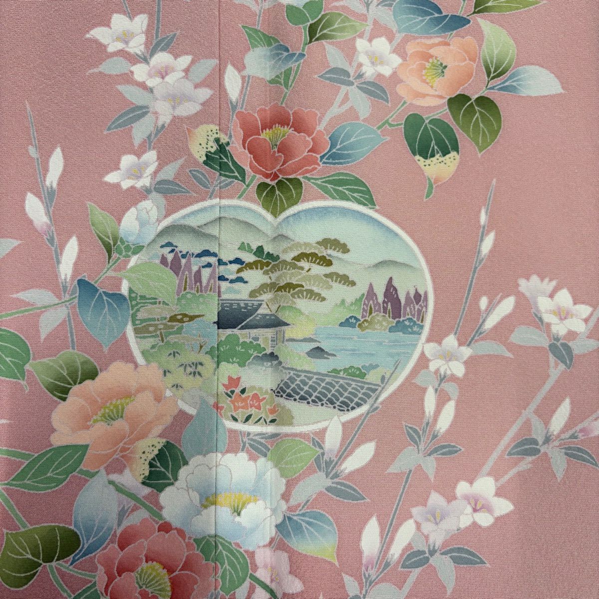 【美品】訪問服 身長164.5cm 袖長66cm M 雙層 落款あり 團扇子 草花紋紋 漸層 粉紅 純蠶絲 秀品級