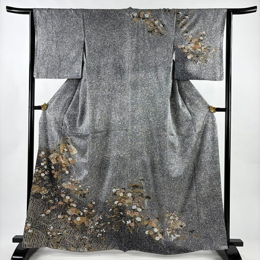 【美品】訪問服 身長164.5cm 袖長63.5cm S 雙層 扇子 草花紋紋 金彩裝飾 漸層 黑灰 純蠶絲 秀品級