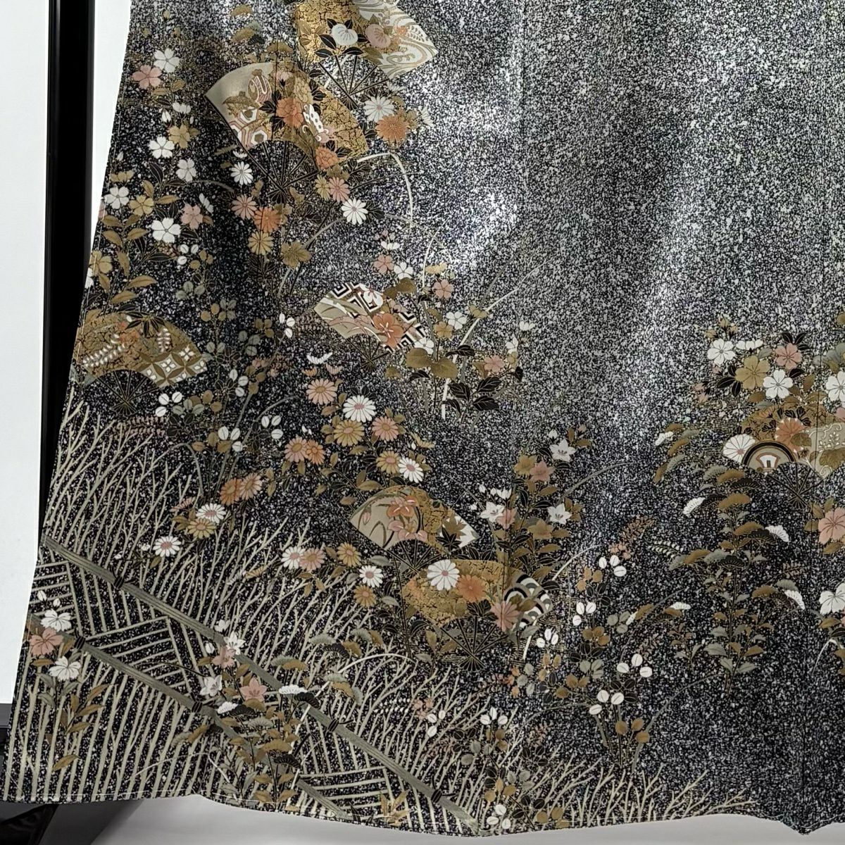 【美品】訪問服 身長164.5cm 袖長63.5cm S 雙層 扇子 草花紋紋 金彩裝飾 漸層 黑灰 純蠶絲 秀品級