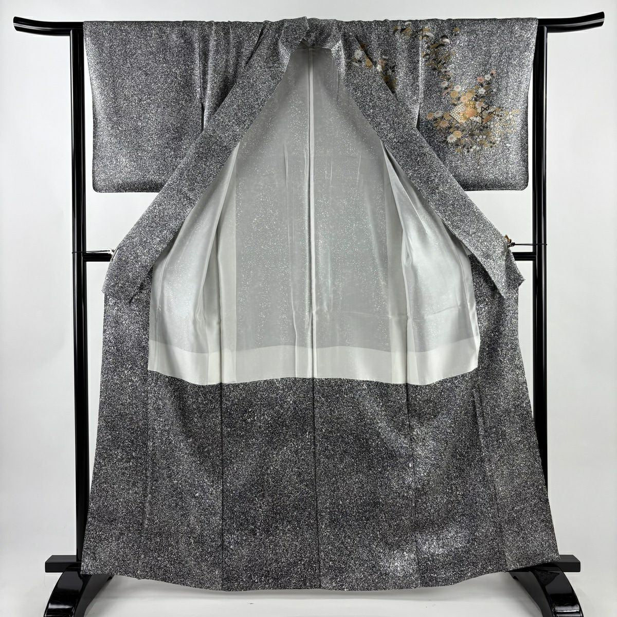 【美品】訪問服 身長164.5cm 袖長63.5cm S 雙層 扇子 草花紋紋 金彩裝飾 漸層 黑灰 純蠶絲 秀品級