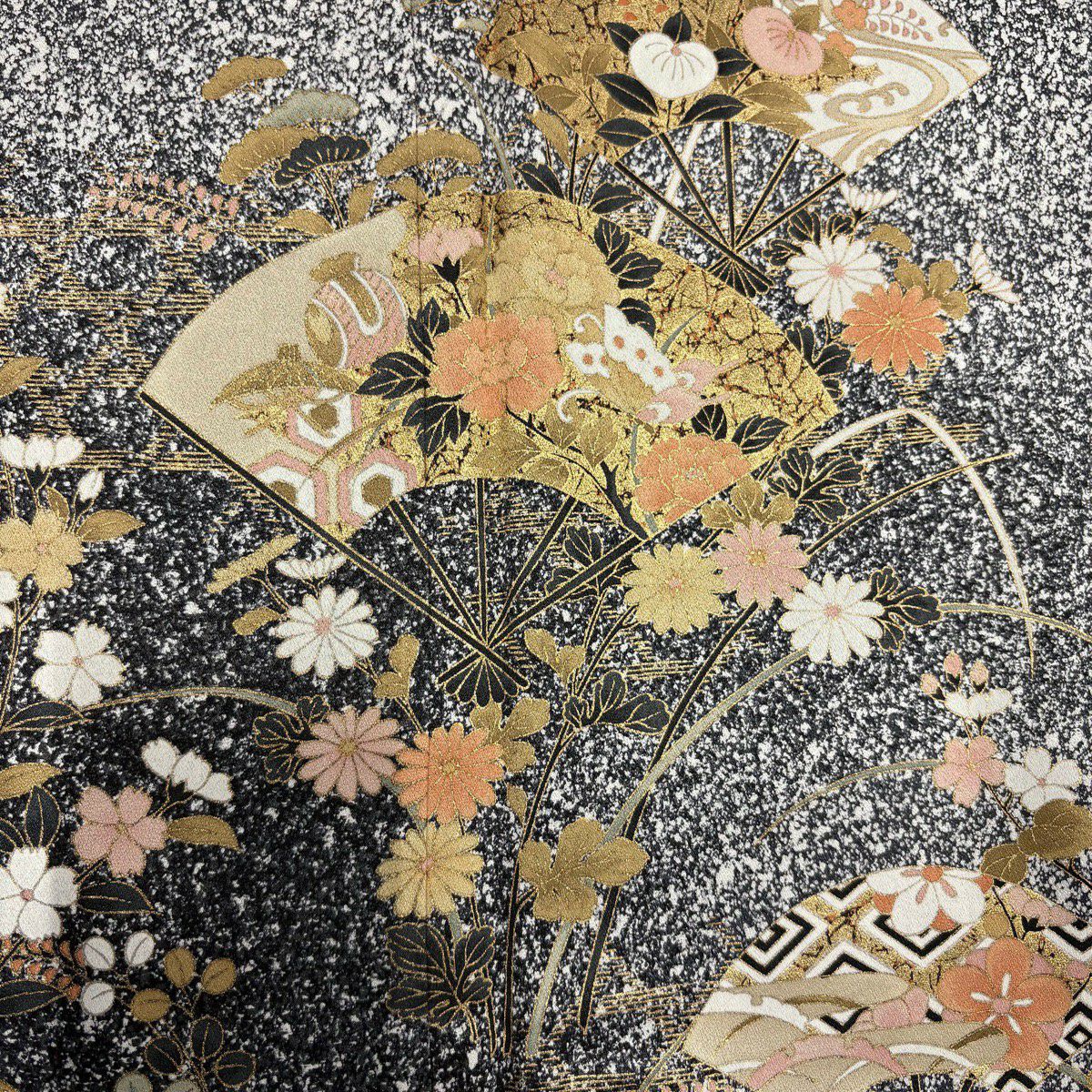 【美品】訪問服 身長164.5cm 袖長63.5cm S 雙層 扇子 草花紋紋 金彩裝飾 漸層 黑灰 純蠶絲 秀品級