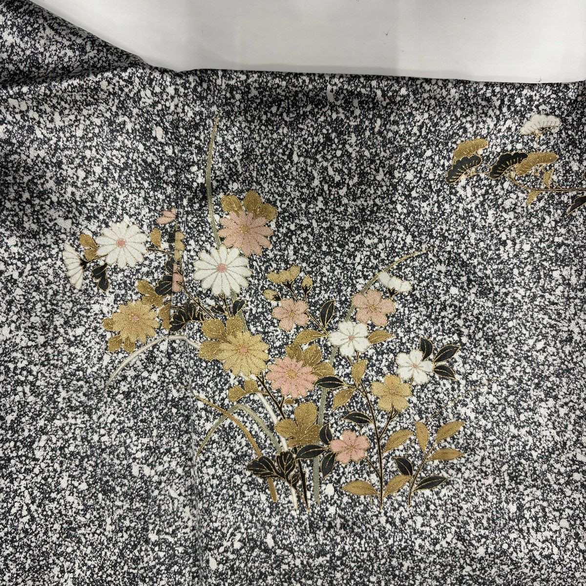 【美品】訪問服 身長164.5cm 袖長63.5cm S 雙層 扇子 草花紋紋 金彩裝飾 漸層 黑灰 純蠶絲 秀品級